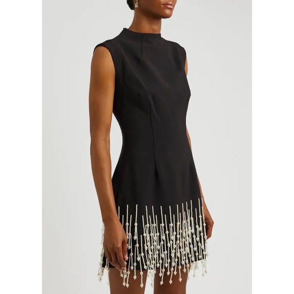 Oddmuse Black Mini Dress Women's Medium Pearl Fringe Embellished Evening Glam